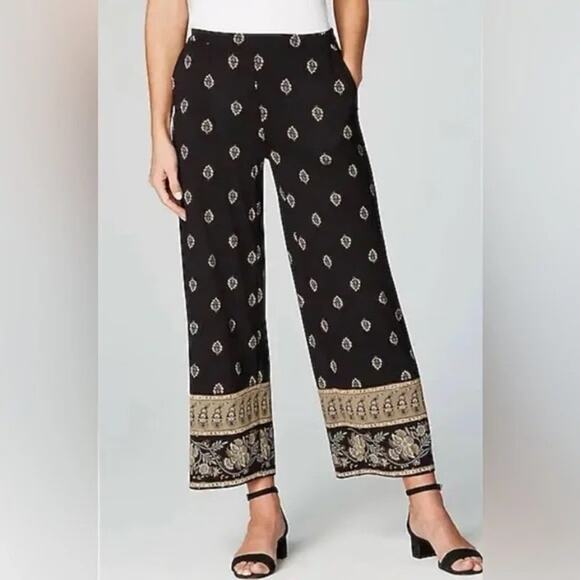 J. Jill Wearever Wide Leg Cropped Pants Black Small Floral Paisley Chic Travel - Picture 1 of 16